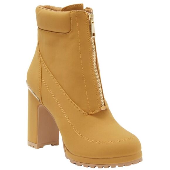 DKNY Booties Size 7.5 Mustard‎ Block Heel Lug Sole Front Zip Boots - Picture 11 of 11